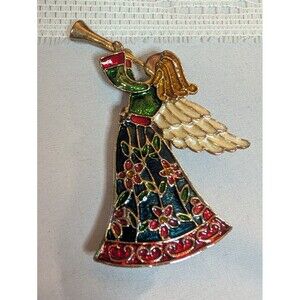 Vintage TC Christmas Angel Brooch Enameled Cloisonne Style Trumpet Pin Signed